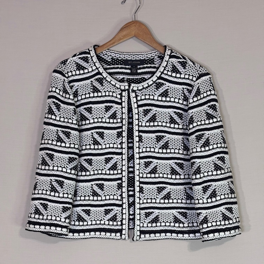 St. John Black & White Patterned Knit Open Jacket